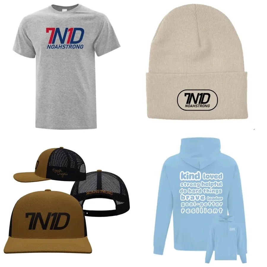 NoahStrong merch: 7N1D t-shirt, toque, trucker caps and affirmations hoodie